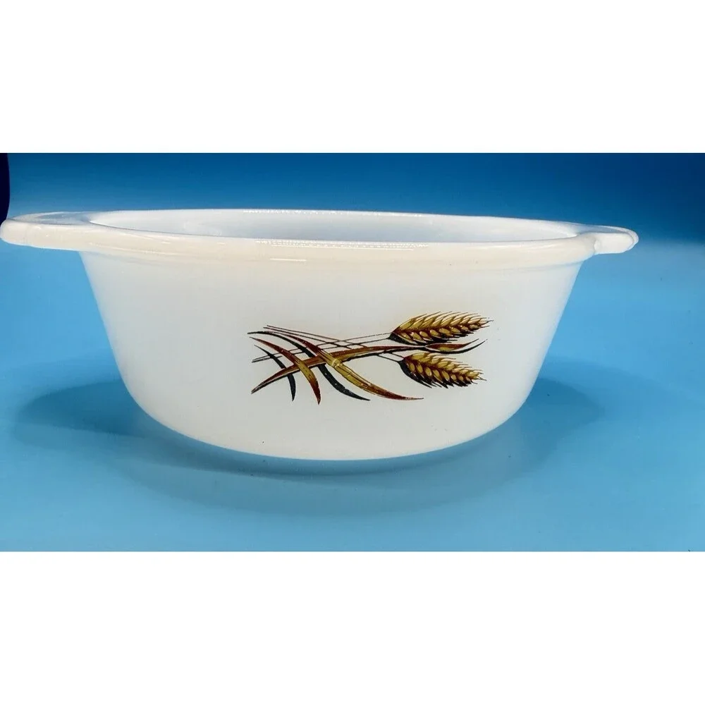 Vintage Fire-King 1 Pint Milk Glass Casserole Dish Golden Wheat USA Handles